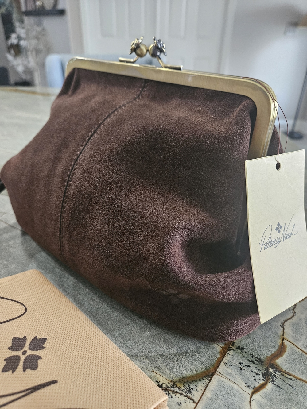 NWT Patricia Nash Sofia Chocolate Suede Kiss Lock Frame Bag Medium - Picture 6 of 15